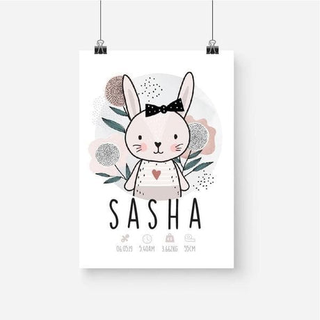 Scandi Bunny Girl Personalised Birth Print