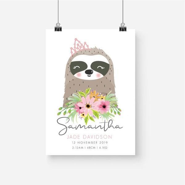 Sloth Girl Personalised Birth Print