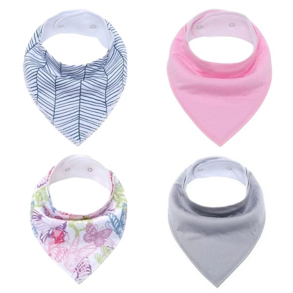 Bibs 4 Pk Herringbone Pink Butterfly Grey
