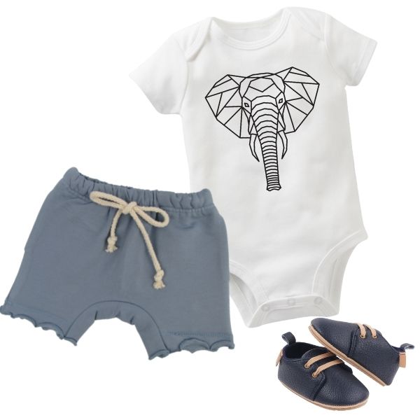 Elephant Bodysuit + Blue Shorts