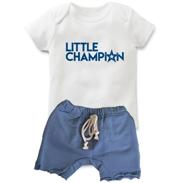 Little Champion + Blue Shorts