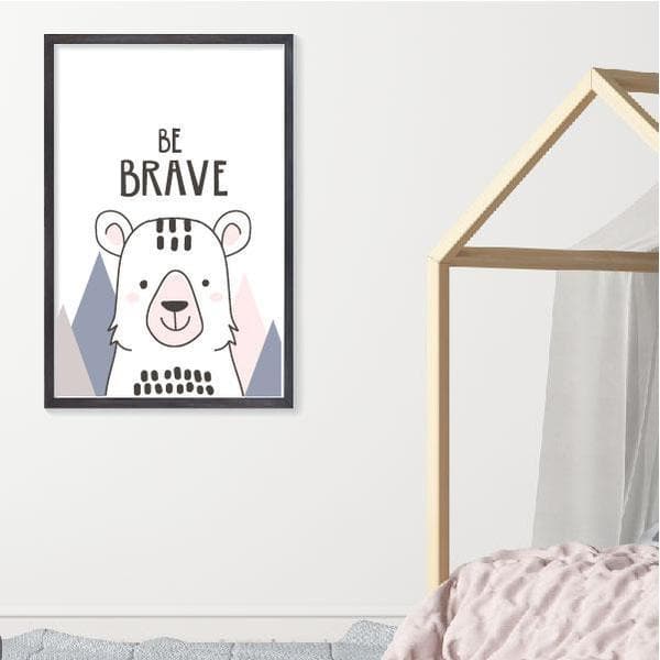 Be brave scandi bear. Bespoke Baby Gifts. Nursey wall art Australia. Black frame. unisex wall art. unique gifts Australia. bear drawing