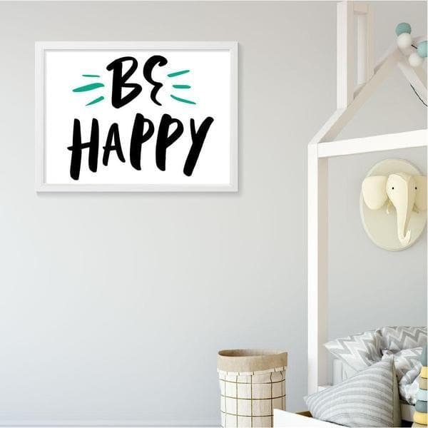 Be Happy Nursery Print or kids wall art, the words Be Happy are in black ink with a splash of turquoise green in the form of 3 stripes on each side of the word BE. Bespoke Baby Gifts. Nursery Wall Art. Online Gifts Australia. Nursery Prints. 