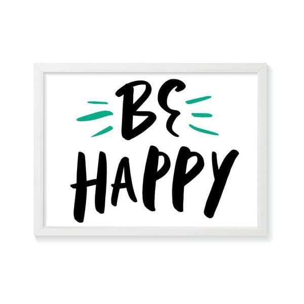 Be Happy Nursery Print or kids wall art, the words Be Happy are in black ink with a splash of turquoise green . Bespoke Baby Gifts. Nursery Wall Art. Unisex gifts. Nursery Decor. Baby Presents 