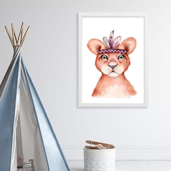 Boho Lion Nursery print or kids wall art. A drawing of a lion's head with a boho style head piece. Bespoke Baby Gifts. Nursery Wall Art Australia. Baby Room Decor. Baby Shower Gift Ideas. 