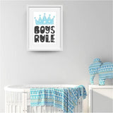 Boys Rule Nursery Print or Kids Wall Art. Light blue crown above the words Boys Rule. Bespoke Baby Gifts. Nursery Decor. Kids Wall Art. Baby Boy Gifts. Online gifts Australia