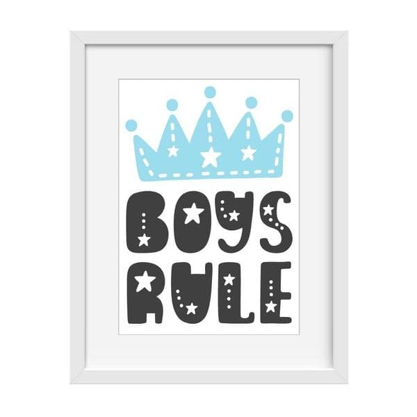 Boys Rule Nursery Print or Kids Wall Art. Light blue crown above the words Boys Rule. Bespoke Baby Gifts. Nursery Decor. Kids Wall Art. Baby Boy Gifts. Online gifts Australia