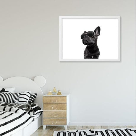 Cool French Bulldog kids wall art. A photo of a black french bulldog wearing aviator sunglasses isolated on a white background and with a black frame. Bespoke Baby Gifts. Dog Wall Art. Kids Wall Art. Monochrome Art