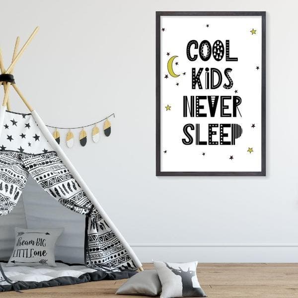 Cool Kids Never Sleep. Black Frame. Bespoke baby gifts. Kids Wall Art. Nursery Wall Art. Baby Gifts Online. Nursery prints. Unique gifts australia. Stars and Moons. 