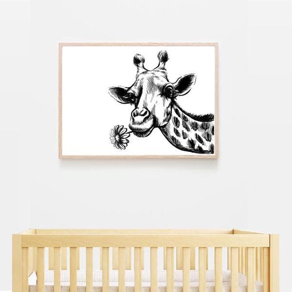 Giraffe and Flower print. Timber frame. Bespoke Baby Gifts. Nursery Prints. Nursery Wall Art. Animal Wall Art. Monochrome art. Baby Shower gift ideas. Baby room decor. 