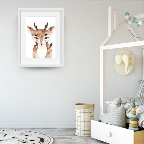 Dana Dear Woodland Nursery Wall Art. Bespoke Baby Gifts. Kids wall art. Baby shower gift ideas. Animals prints. Online gifts. baby gifts australia. White frame. 