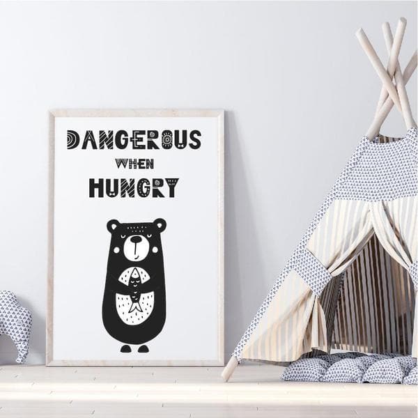 Dangerous When Hungry Kids Wall Art. Nursery Prints. Nursery Wall Art. Bespoke Baby Gifts. Kids Wall Art. Monochrome Art. 