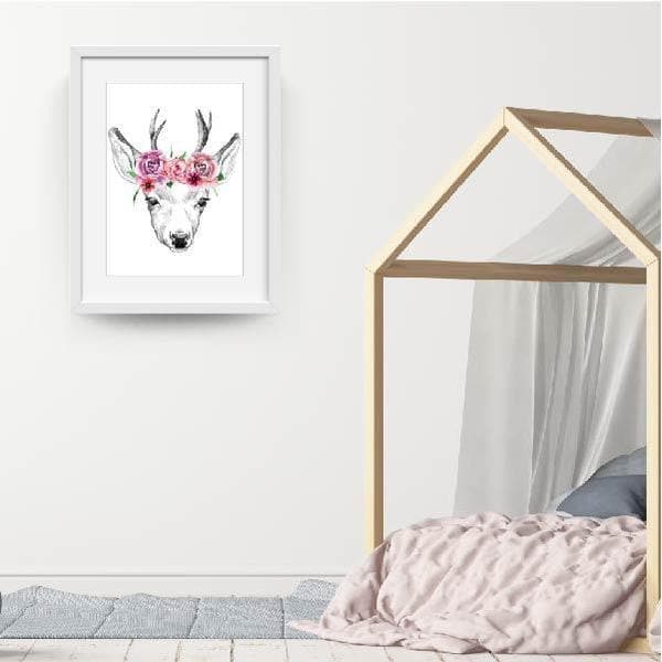 Deer Head with Flowers - Baby Shower Gifts. Bespoke baby gifts. Baby shower gift ideas.  Nursery Prints. Deer Drawing. baby gifts australia. 