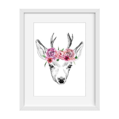 Deer Head with Flowers - Baby Shower Gifts. Bespoke baby gifts. Baby shower gift ideas.  Nursery Prints. Deer Drawing. baby gifts australia. 