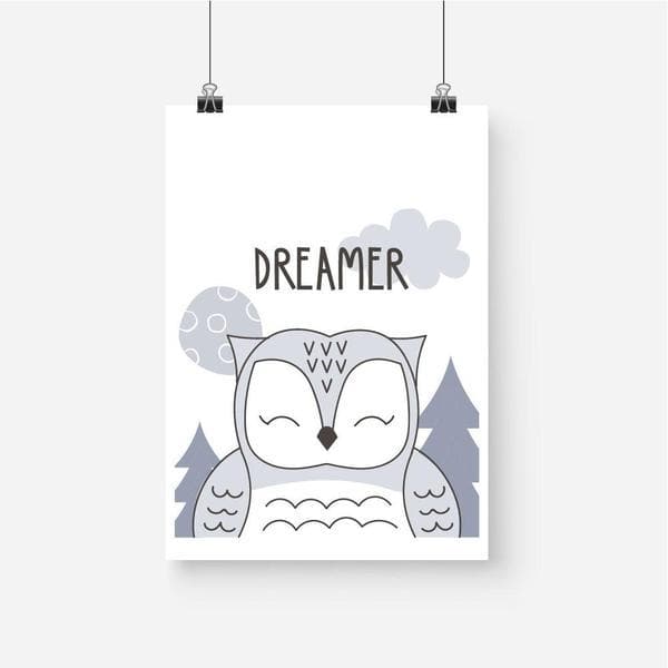 Dreamer Owl Nursery Prints and Kids Wall Art. Birth Prints and Personalised Wall Art