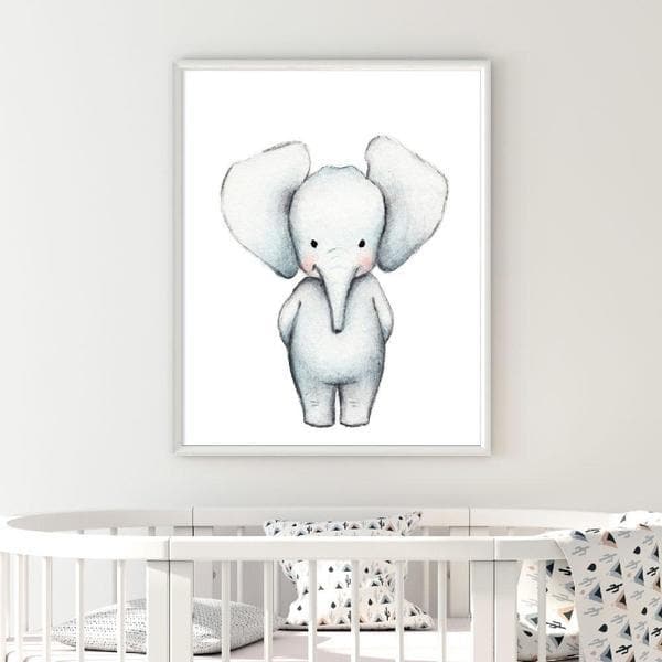 Elle Elephant white frame. Bespoke baby gifts. nursery wall art. Baby shower gifts. animal prints. unisex wall art. baby gifts australia. 