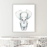 Elle Elephant white frame. Bespoke baby gifts. nursery wall art. Baby shower gifts. animal prints. unisex wall art. baby gifts australia. 