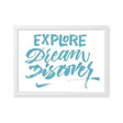Explore dream discover white frame. Bespoke baby gifts. nursery wall art. kids wall art. blue wall art. blue writing. unique gifts australia. 