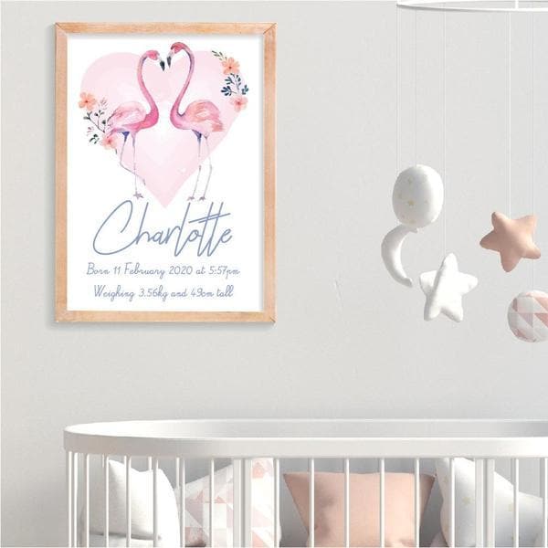 Flamingo Personalised Birth Print. Nursery Wall Art, Nursery Prints. Kids Wall Art. Framed Wall Art. Bespoke Baby Gifts