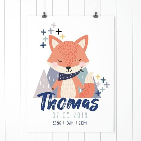 Fox Personalised Birth Print. Nursery Prints and Kids Wall Art.