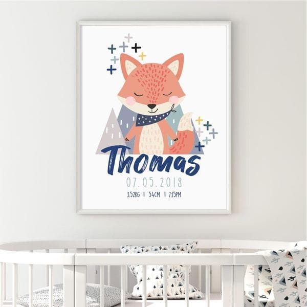 Fox Personalised Birth Print. Nursery Prints and Kids Wall Art.
