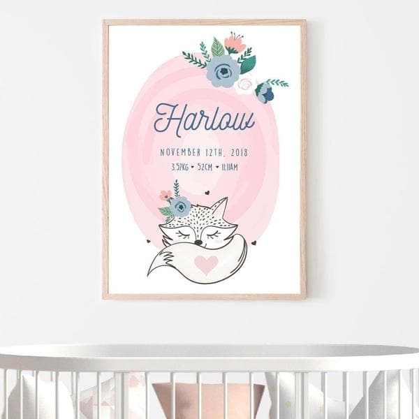 Foxy lady personalised birth print. Nursery Prints. Kids Wall Art