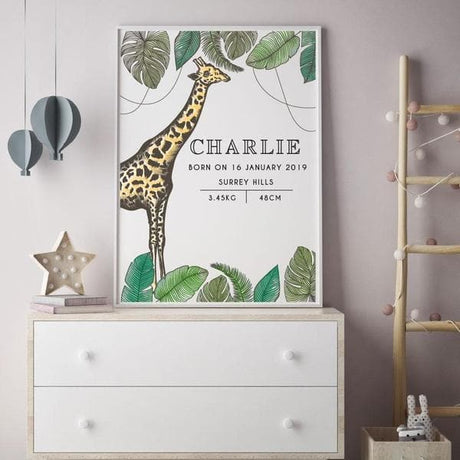 Giraffe Personalised Birth Print. Nursery Prints. Kids Wall Art, Nursery Wall Art. Framed Wall Art. Bespoke Baby Gifts