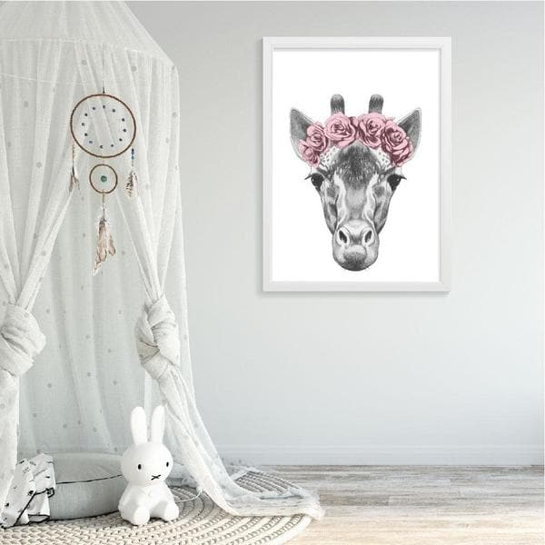 Giraffe Sketch with Pink Flowers nursery print or kids wall art. A pencil drawing of a Giraffe head with a wreath of pink flowers. Bespoke baby gifts. 