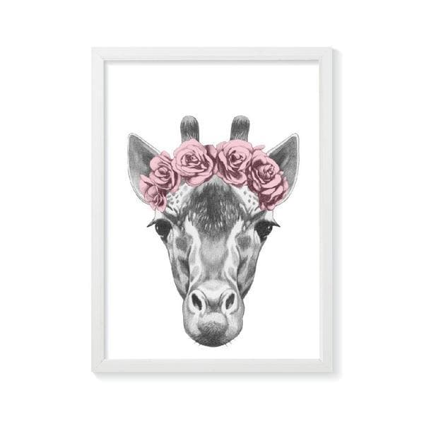 Giraffe Sketch with Pink Flowers nursery print or kids wall art. A pencil drawing of a Giraffe head with a wreath of pink flowers. Bespoke baby gifts. 