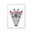 Giraffe Sketch with Pink Flowers nursery print or kids wall art. A pencil drawing of a Giraffe head with a wreath of pink flowers. Bespoke baby gifts. 