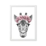 Giraffe Sketch with Pink Flowers nursery print or kids wall art. A pencil drawing of a Giraffe head with a wreath of pink flowers. Bespoke baby gifts. 