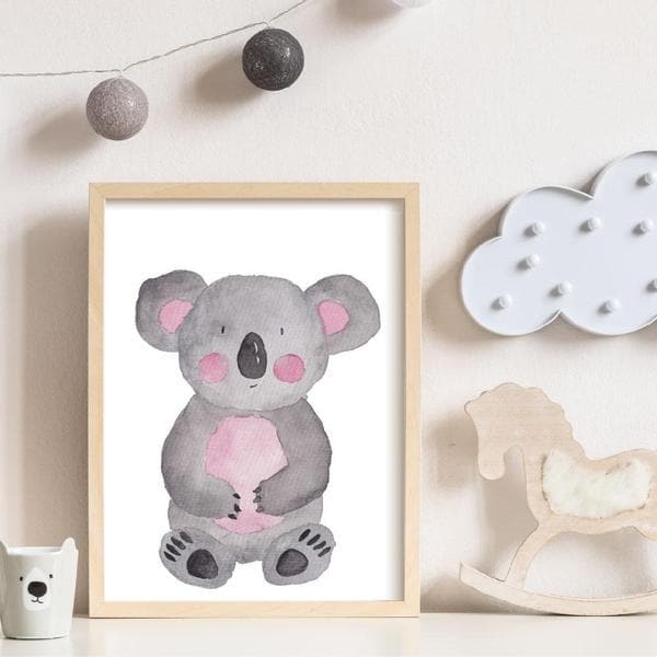 Kim Koala Wall Art. A whimsical watercolour drawing of a koala with pink rosie cheeks. bespoke baby gifts. unique gifts australia. baby shower presents. baby girl gifts. online gifts. Timber frame. 