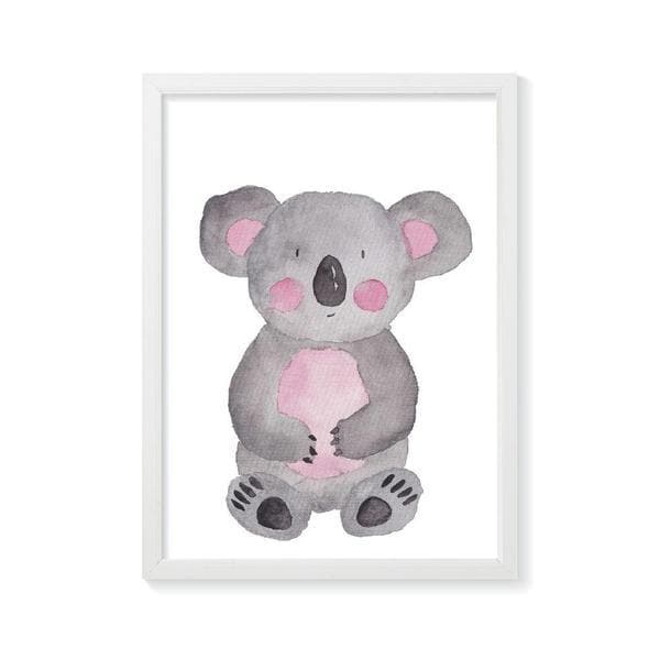 Kim Koala Wall Art. A whimsical watercolour drawing of a koala with pink rosie cheeksKim Koala Wall Art. A whimsical watercolour drawing of a koala with pink rosie cheeks. bespoke baby gifts. unique gifts australia. baby shower presents. baby girl gifts. online gifts. white frame. 