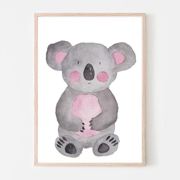 Kim Koala Wall Art. A whimsical watercolour drawing of a koala with pink rosie cheeks. bespoke baby gifts. unique gifts australia. baby shower presents. baby girl gifts. online gifts. Timber frame. 