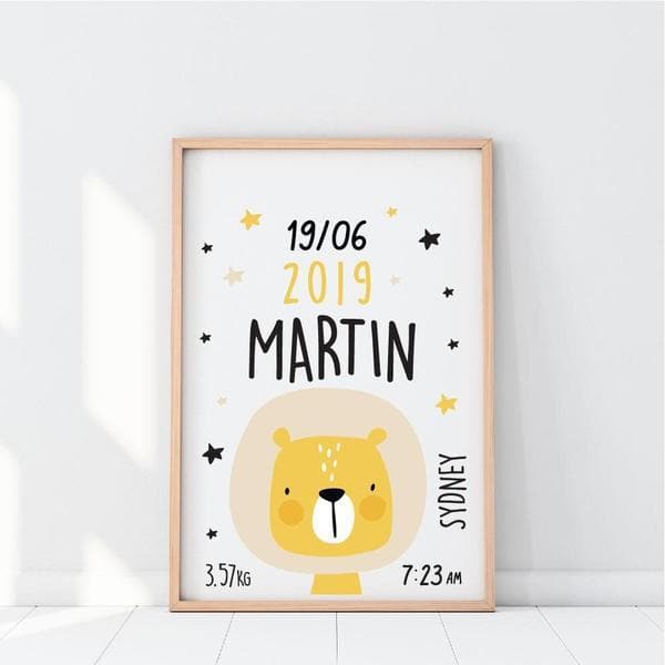 Little Lion Personalised Birth Print. Nursery Prints. Nursery Wall Art. Kids Wall Art. Bespoke Baby Gifts