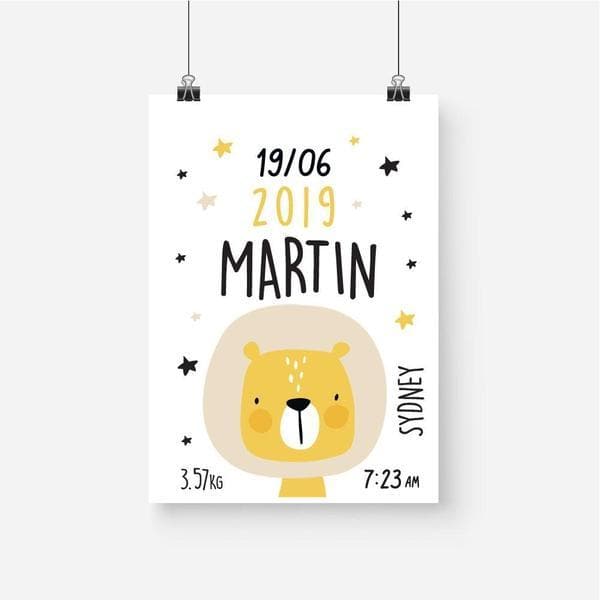 Little Lion Personalised Birth Print. Nursery Prints. Nursery Wall Art. Kids Wall Art. Bespoke Baby Gifts