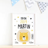 Little Lion Personalised Birth Print. Nursery Prints. Nursery Wall Art. Kids Wall Art. Bespoke Baby Gifts