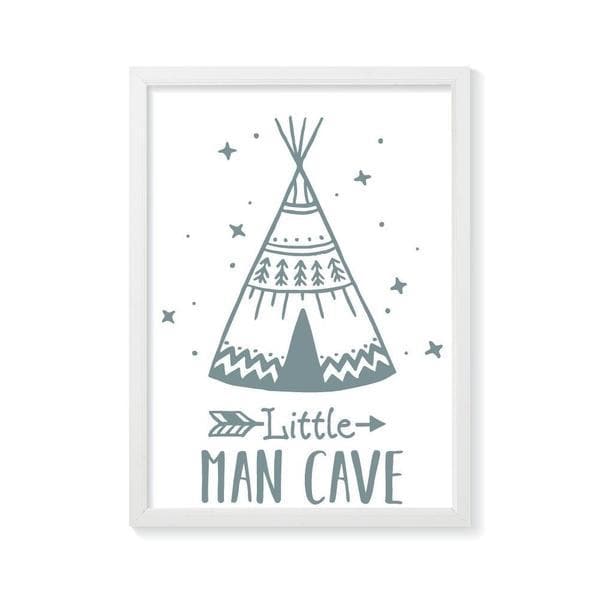 Little man cave green teepee. bespoke baby gifts. boys wall art. nursery wall art. baby shower presents. newborn gifts. kids gifts. white frame. 