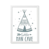 Little man cave green teepee. bespoke baby gifts. boys wall art. nursery wall art. baby shower presents. newborn gifts. kids gifts. white frame. 