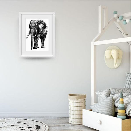Monochrome Elephant - Baby Shower Gifts | Personalised Baby Gifts | Nappy Cakes. Bespoke baby gifts. animal prints. animal wall art. nursery prints. unique gifts australia