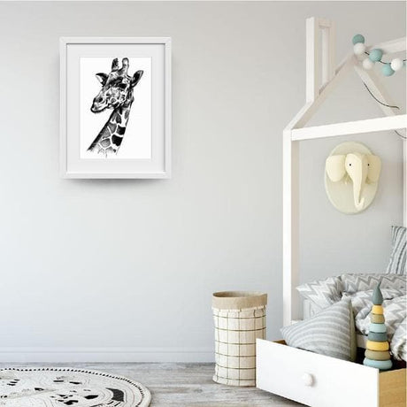 Monochrome Giraffe - Baby Shower Gifts | Personalised Baby Gifts | Nappy Cakes. Bespoke baby gifts. white frame. animal prints. animal art work. unique gifts australia. 