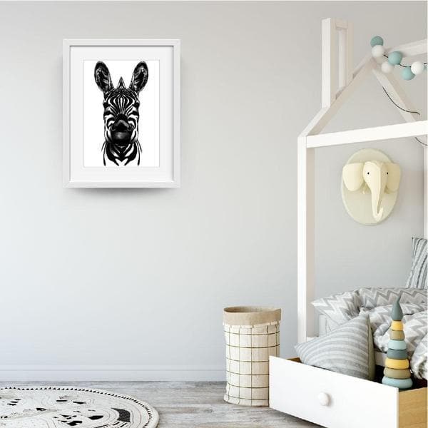 Monochrome Zebra - Baby Shower Gifts | Personalised Baby Gifts | Nappy Cakes. bespoke baby gifts. Animal prints. Animal wall art. unique wall art. unique gifts australia. unisex baby wall art. White frame. 