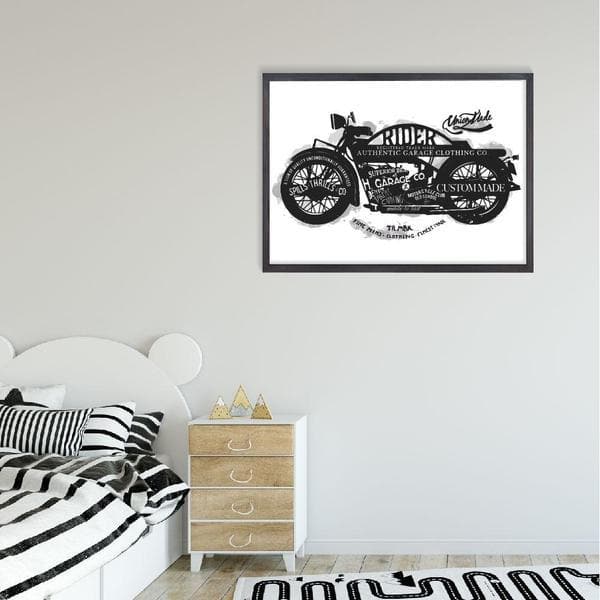 motorcycle life black frame. monochrome kids art. kids wall art. bespoke baby gifts. boys art work. gifts for boys. Kids room decor. 