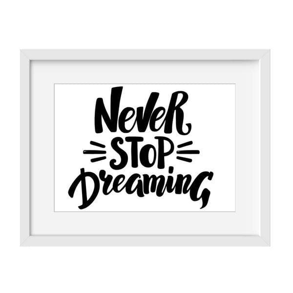 Never Stop Dreaming - Baby Shower Gifts | Personalised Baby Gifts | Nappy Cakes. bespoke baby gifts. nursery wall art. nursery prints. baby gifts australia. baby shower presents. unique baby gifts australia. white frame. monochrome art. 
