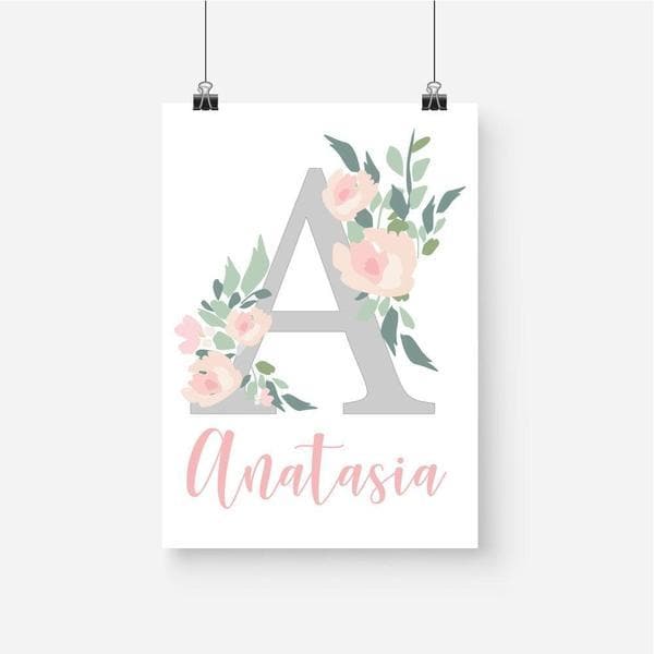 Personalised floral letter and name nursery wall art. Birth prints. Nursery Prints. Kids Wall Art. Kids room decor