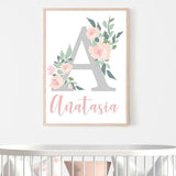 Personalised floral letter and name nursery wall art. Birth prints. Nursery Prints. Kids Wall Art. Kids room decor