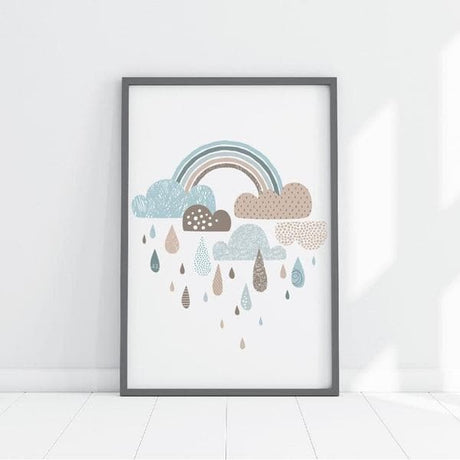 Rainbow and clouds print. neutral colours. nursery wall art. unique gifts australia. unisex wall art. baby gifts online. black frame. bespoke baby gifts. 