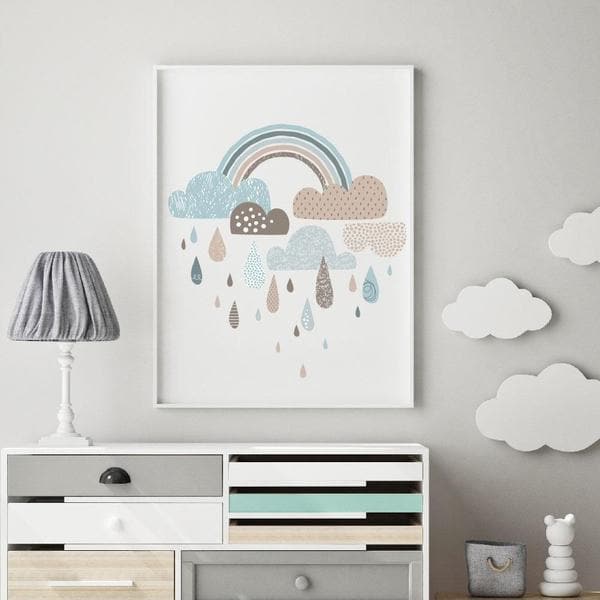 Rainbow and clouds print. neutral colours. nursery wall art. unique gifts australia. unisex wall art. baby gifts online. white frame. bespoke baby gifts. 