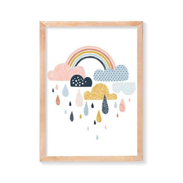 Ranbow and clouds pink nursery wall art. bespoke baby gifts. timber frame. raindrops. kids wall art. baby gifts australia. baby shower gift ideas. gifts for girls. 