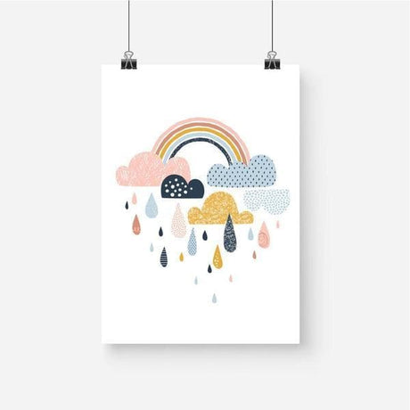 Ranbow and clouds pink nursery wall art. bespoke baby gifts. print only. raindrops. kids wall art. baby gifts australia. baby shower gift ideas. gifts for girls. 